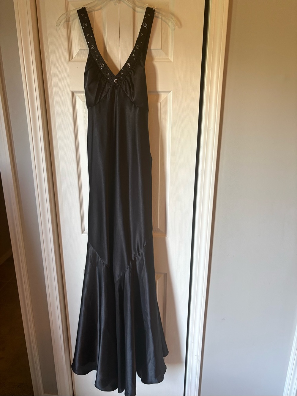 Avalon Black Satin Maxi Gown with Embellished V-Straps